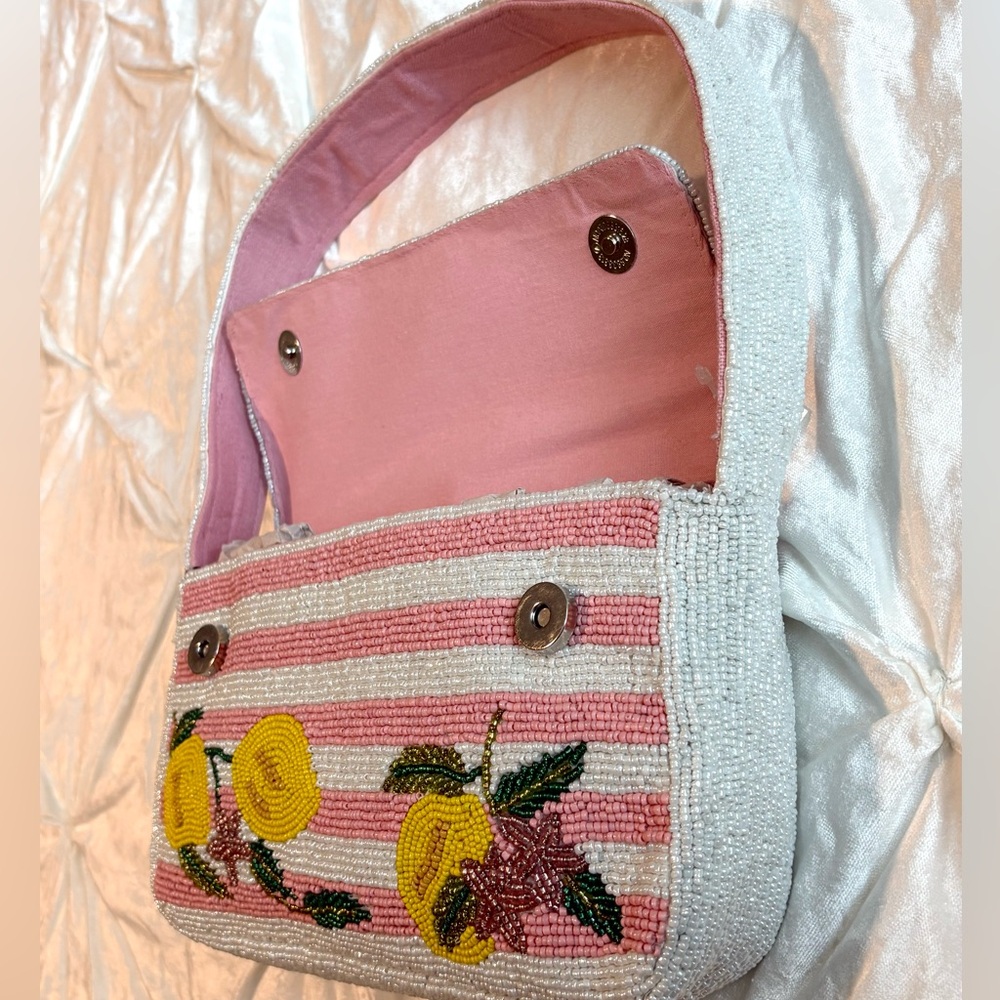 🍋 America & Beyond Lemon Beaded Bag | Pink Stripe Shoulder Purse - Picture 2 of 5